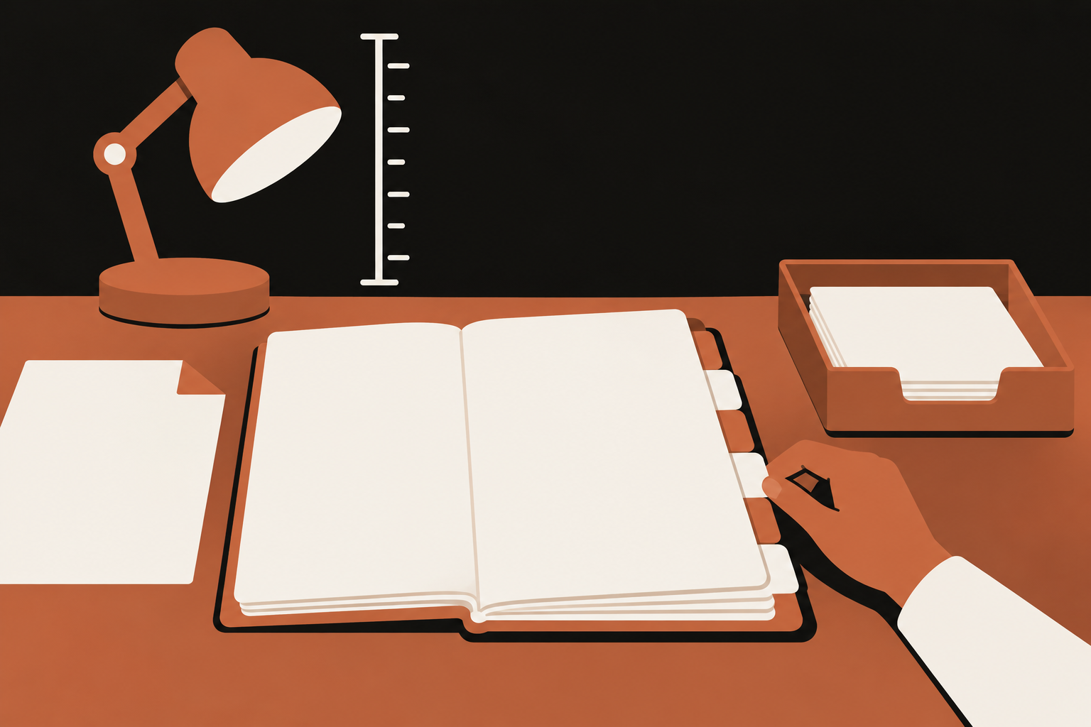 An open paper register sits beside a lamp gauge, source sheet, and receiving tray.