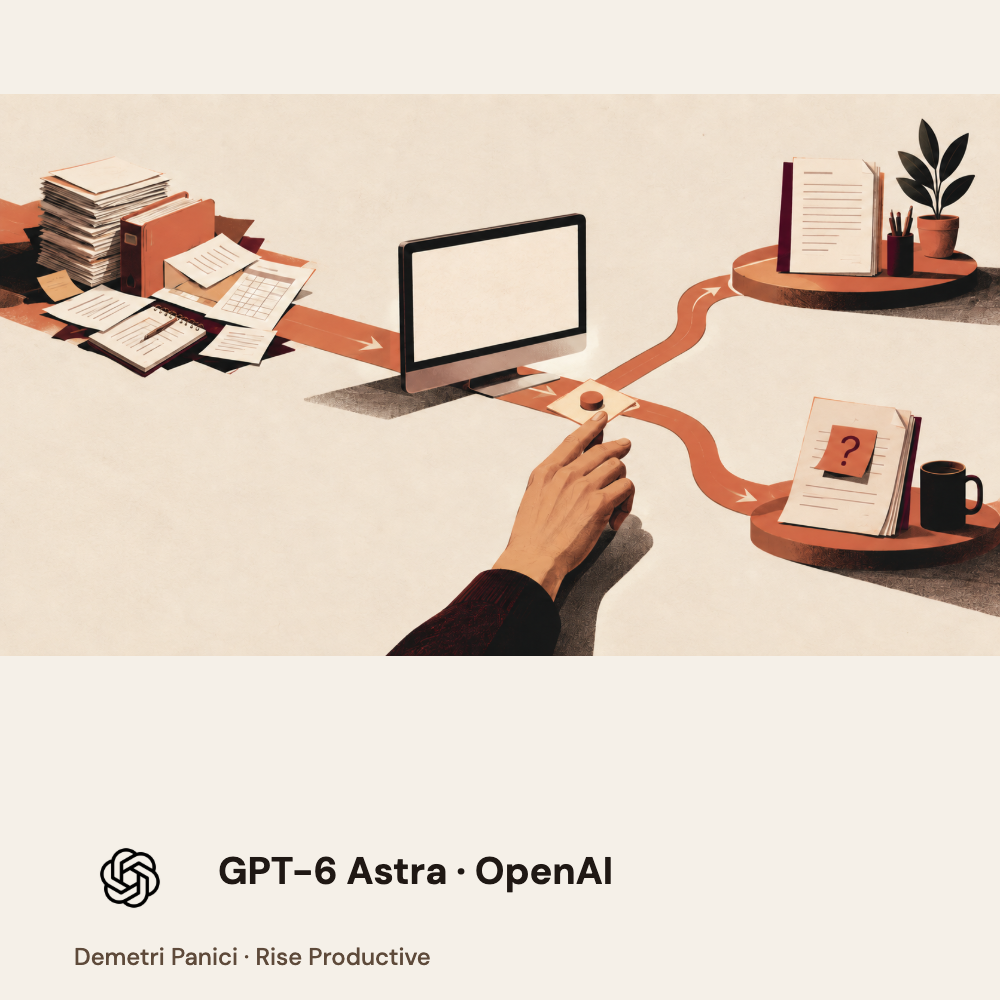 Card illustration of documents entering a computer workflow with a completed and an unresolved branch.