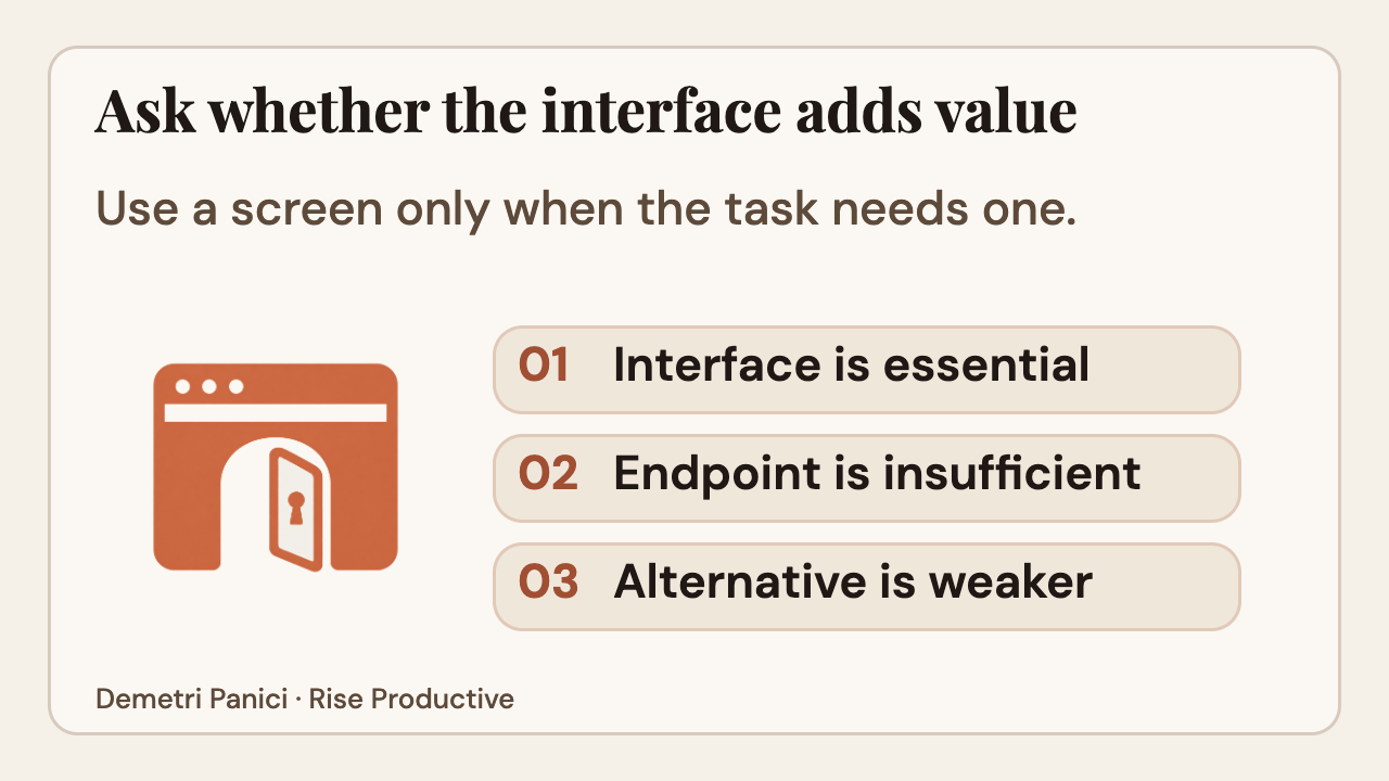 Check whether the interface is essential, the endpoint is insufficient, and alternatives are weaker.