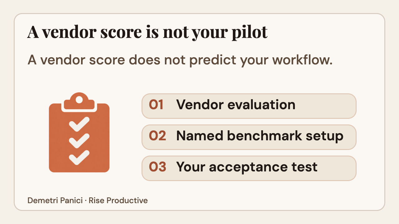 Separate a vendor evaluation and its named setup from a local acceptance test.