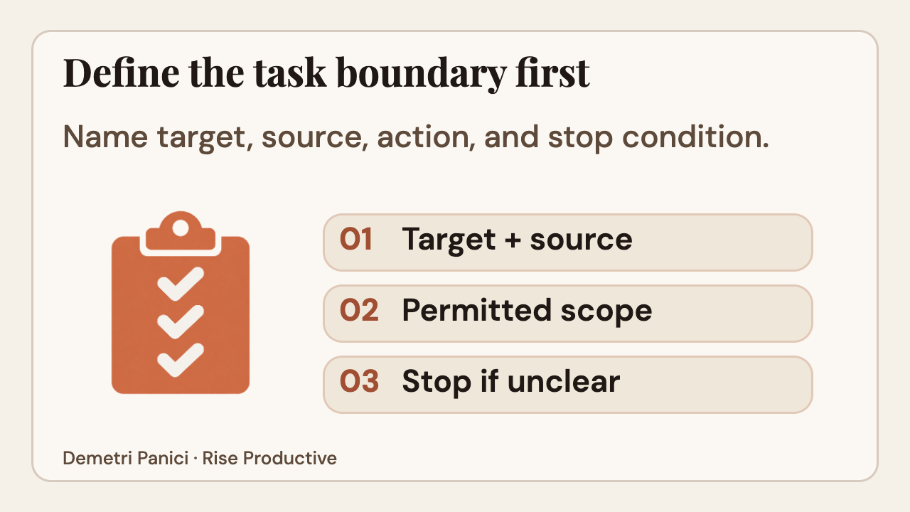 Define the task target and source, permitted scope, and a stop condition.