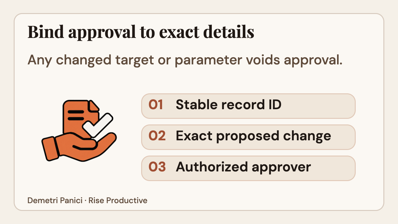 Bind approval to a stable record, the exact proposed change, and an authorized approver.