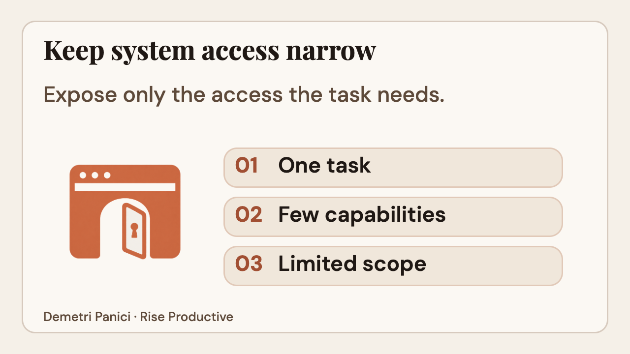 Limit the agent to one task, a few needed capabilities, and a narrow scope.