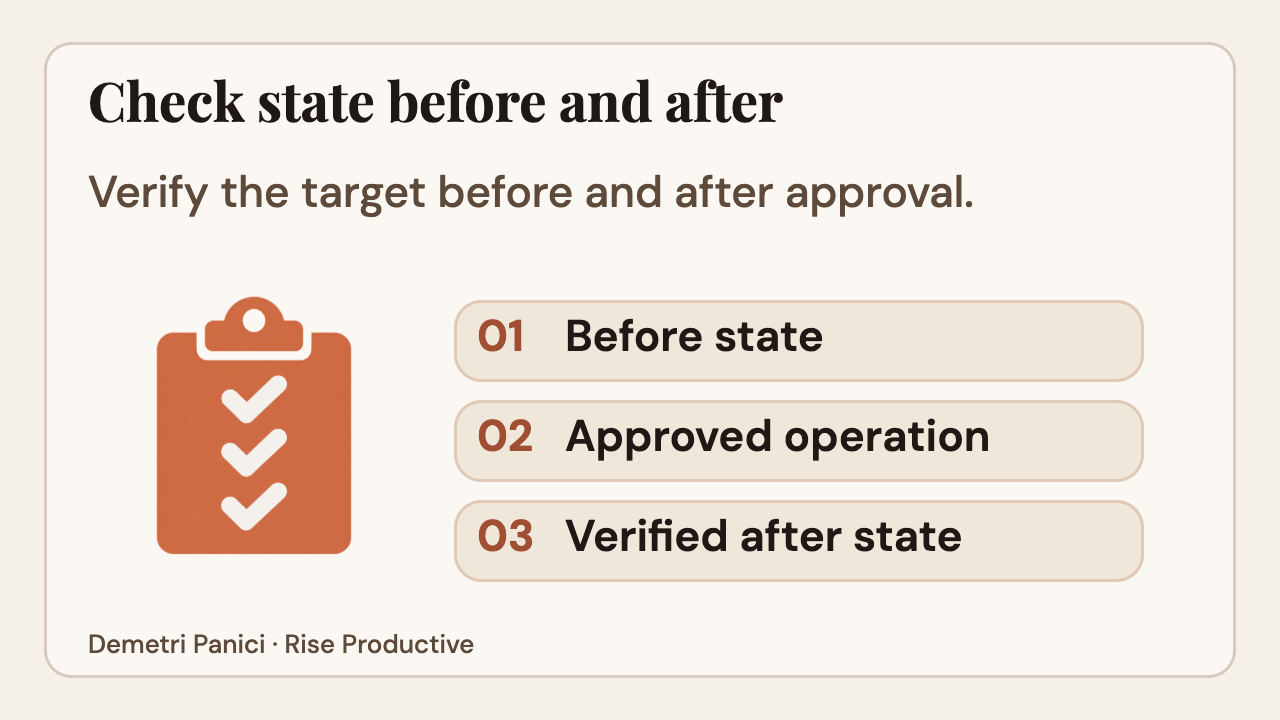 Check the same target before and after an approved operation.