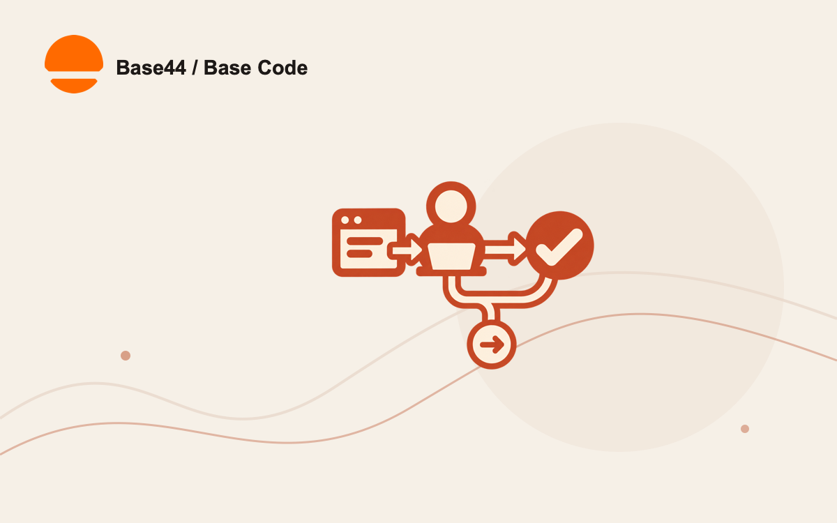 A small code-change workflow appears beside the official Base44 mark and the editorial label Base44 / Base Code.