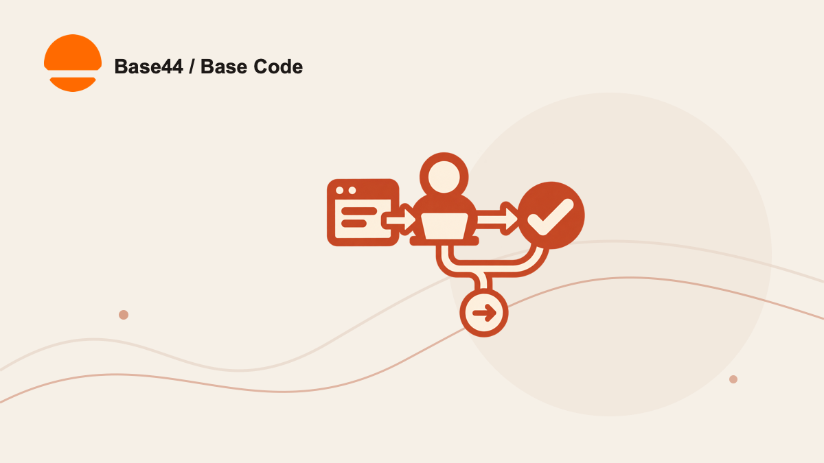 A small code-change workflow appears beside the official Base44 mark and the editorial label Base44 / Base Code.