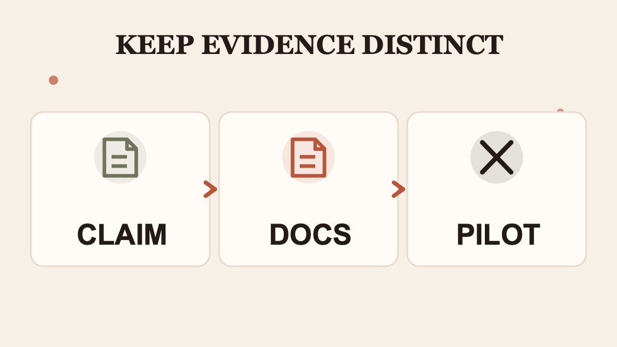 Separate product claims, documentation, and what the pilot actually shows.