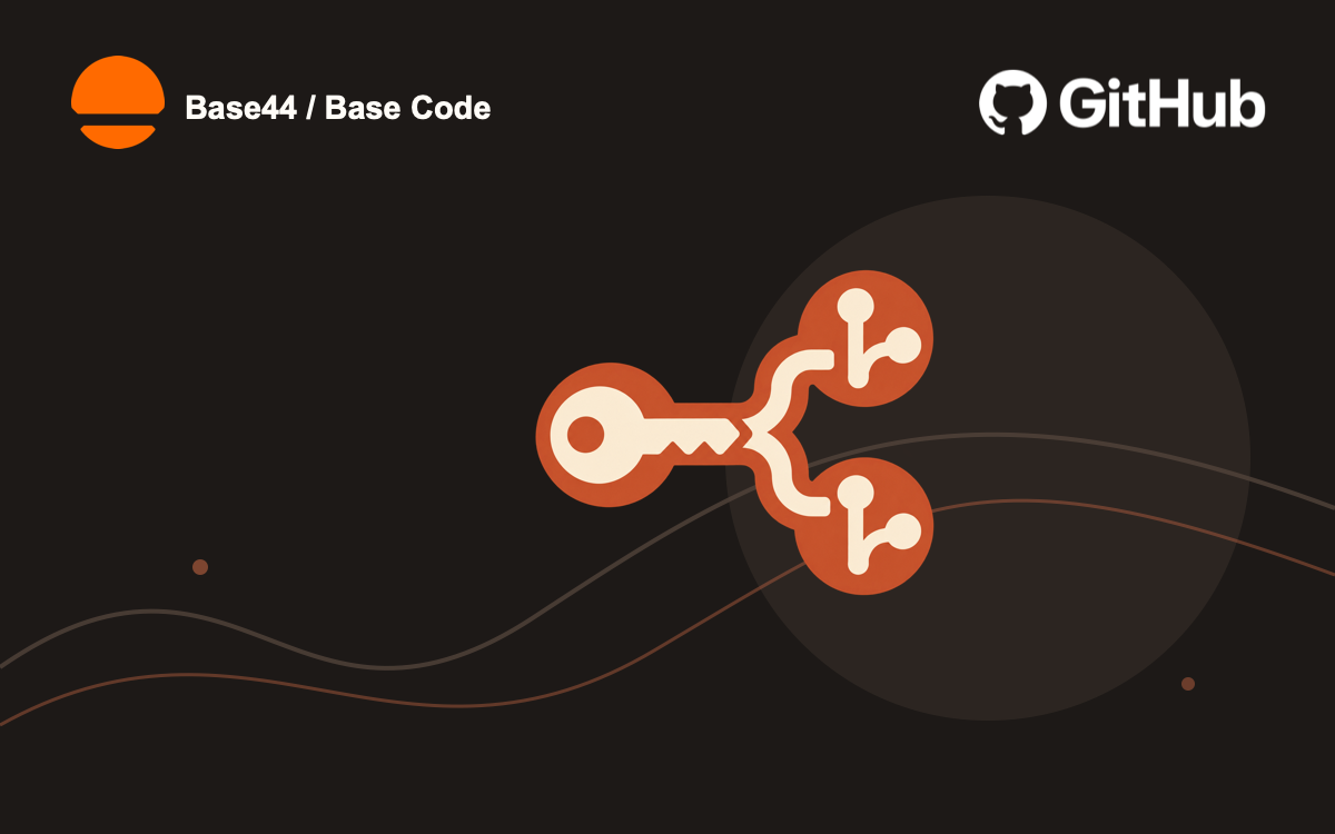 The official Base44 mark and GitHub lockup sit separately above a key branching into two review paths.