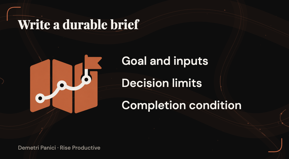 An agent plan names goals and inputs, decision limits, and a completion condition.