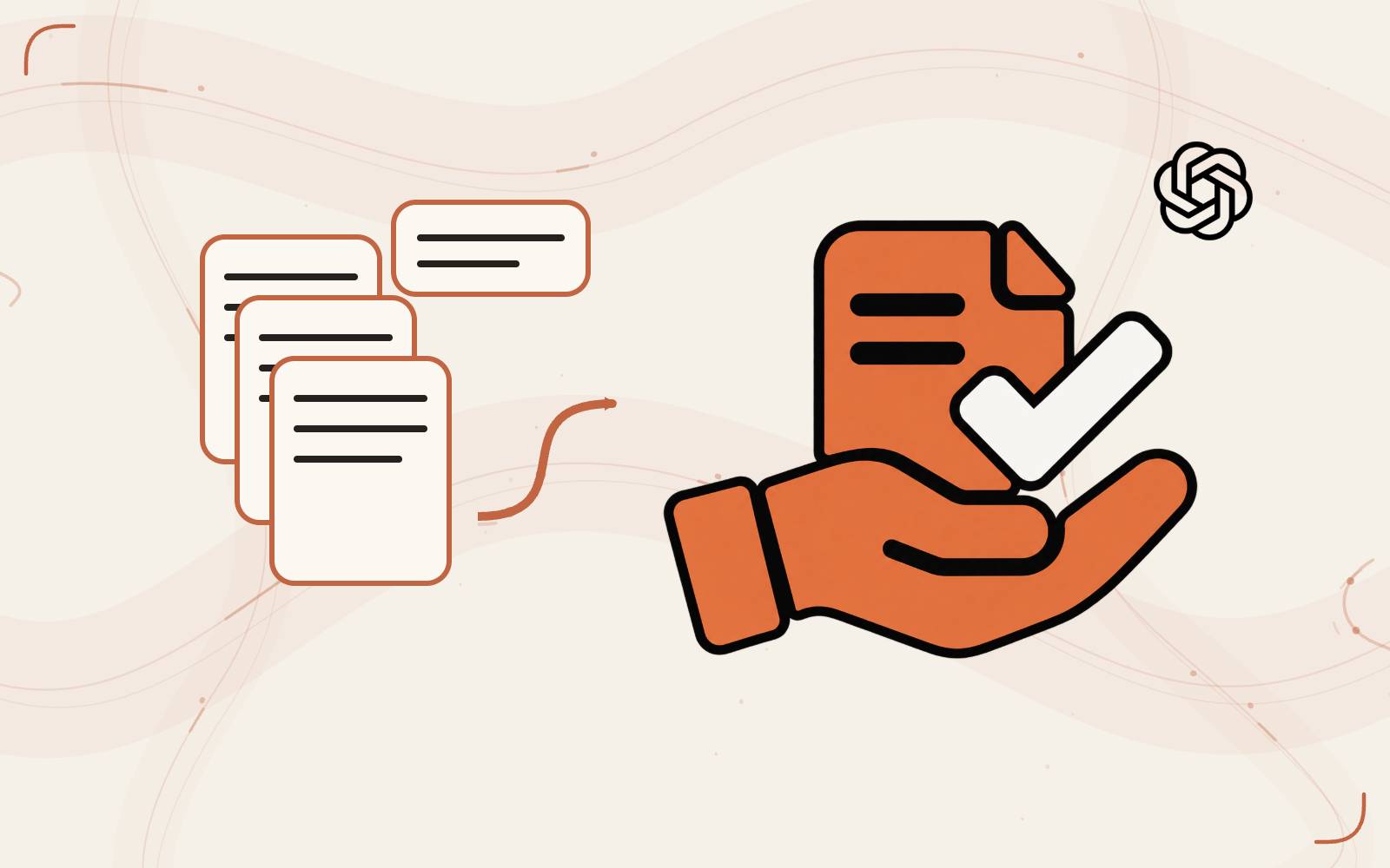 Draft pages and review comments converge on a document held for human review.