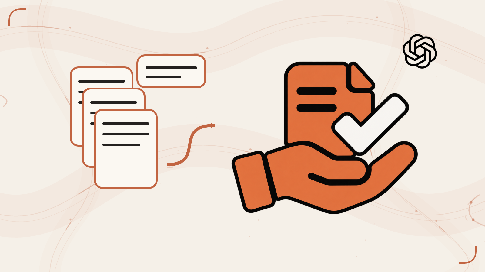 Draft pages and review comments converge on a document held for human review.