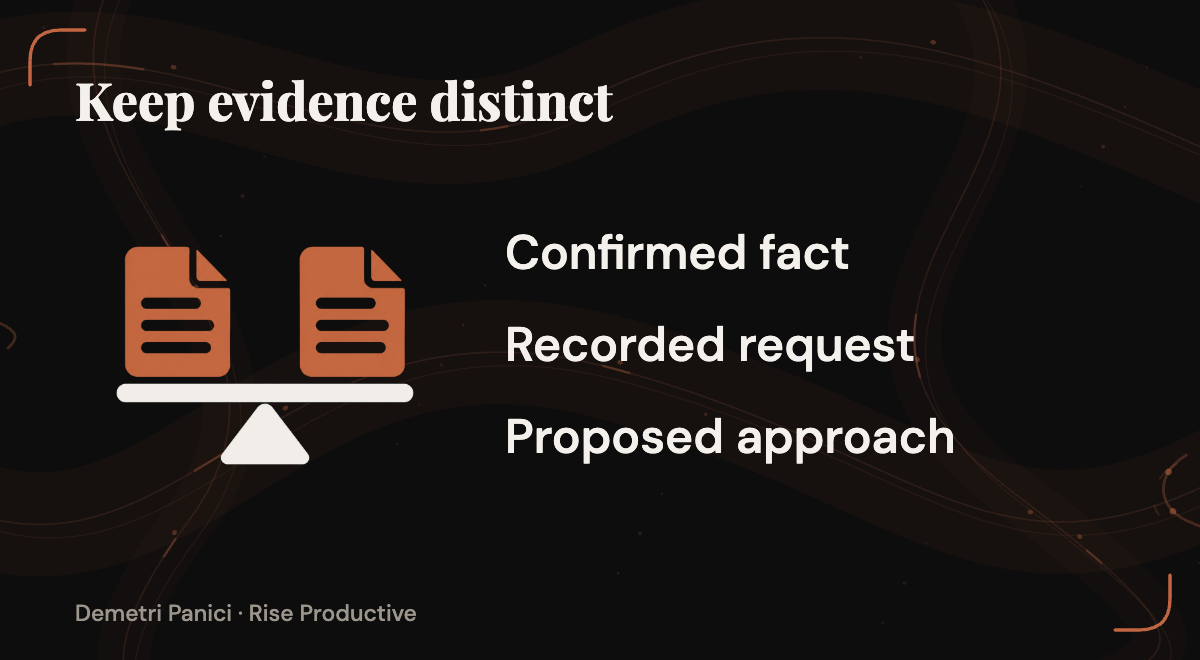 Evidence comparison separates confirmed facts, recorded requests, and proposed approaches.