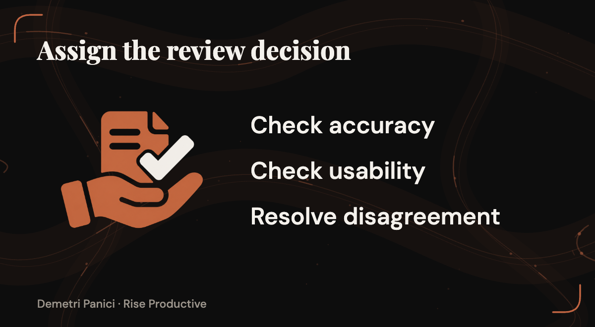 Human review assigns accuracy, usability, and disagreement resolution to explicit review jobs.