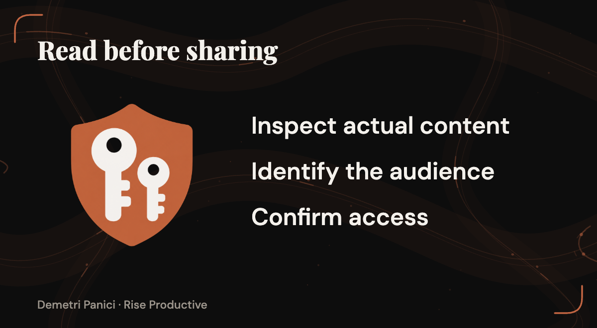 Sharing preparation starts with the actual content and audience before confirming access.