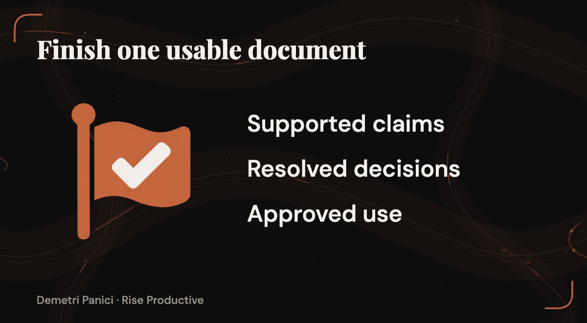 A completed work symbol connects supported claims, resolved decisions, and approval for the intended use.