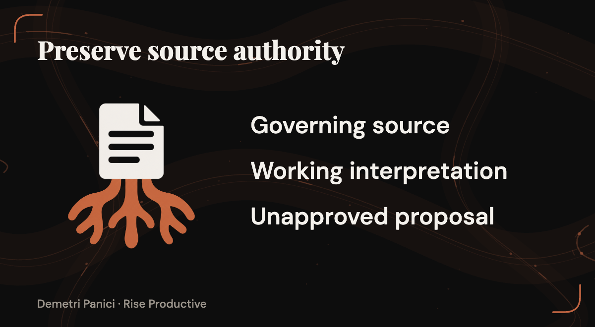 A rooted source separates governing information from working interpretations and unapproved proposals.
