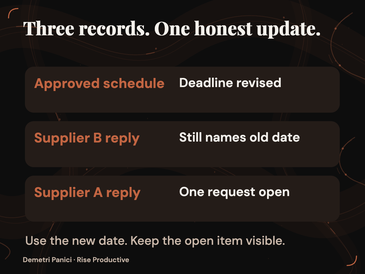 A fictional supplier record changes its approved deadline while a request remains open.