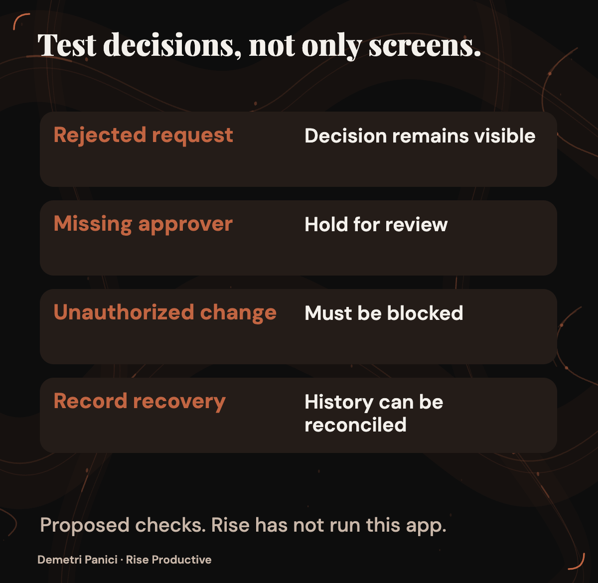 Proposed acceptance checks cover a rejected request, missing approver, unauthorized change, and record recovery.