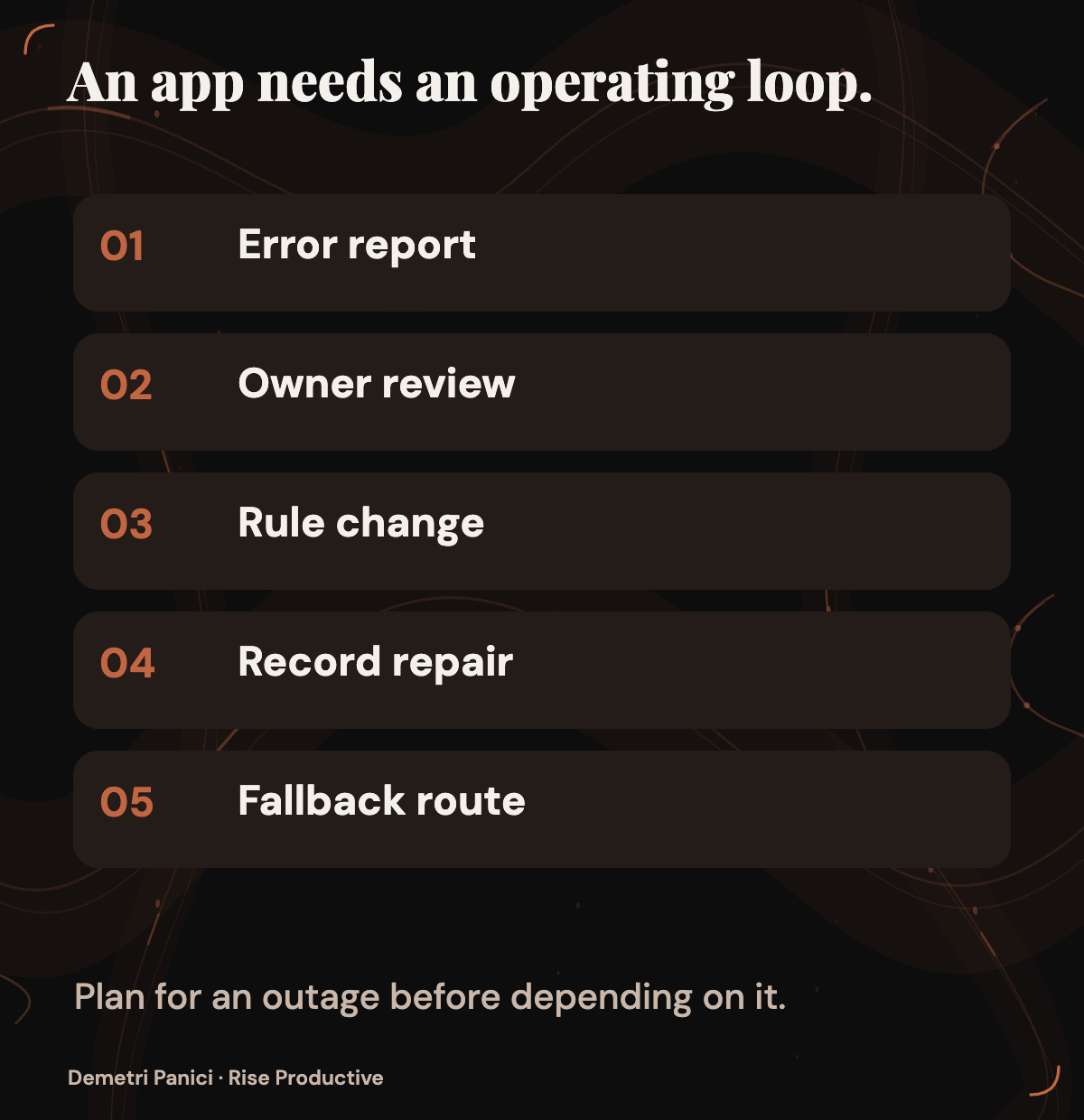 A proposed app operating loop moves from error report to owner review, rule change, repair, and fallback.