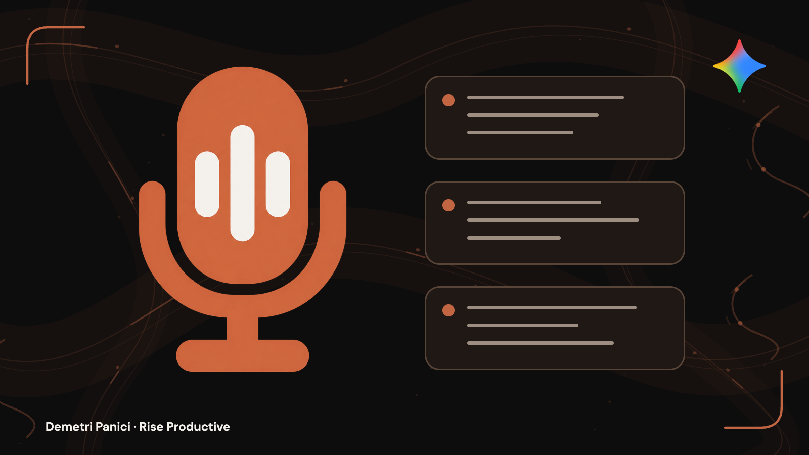 Orange microphone beside three episode cards on a dark background, with a small Gemini mark.