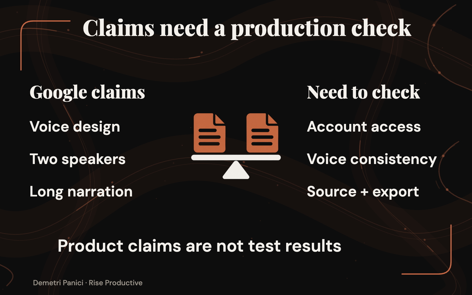 Announced voice features lead to separate checks for account access, scene consistency and exported files.