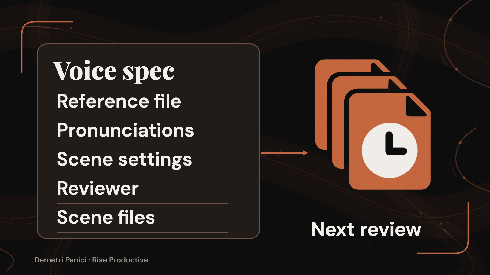 A proposed voice specification links a reference file, pronunciation notes, settings, scene files and approvals.