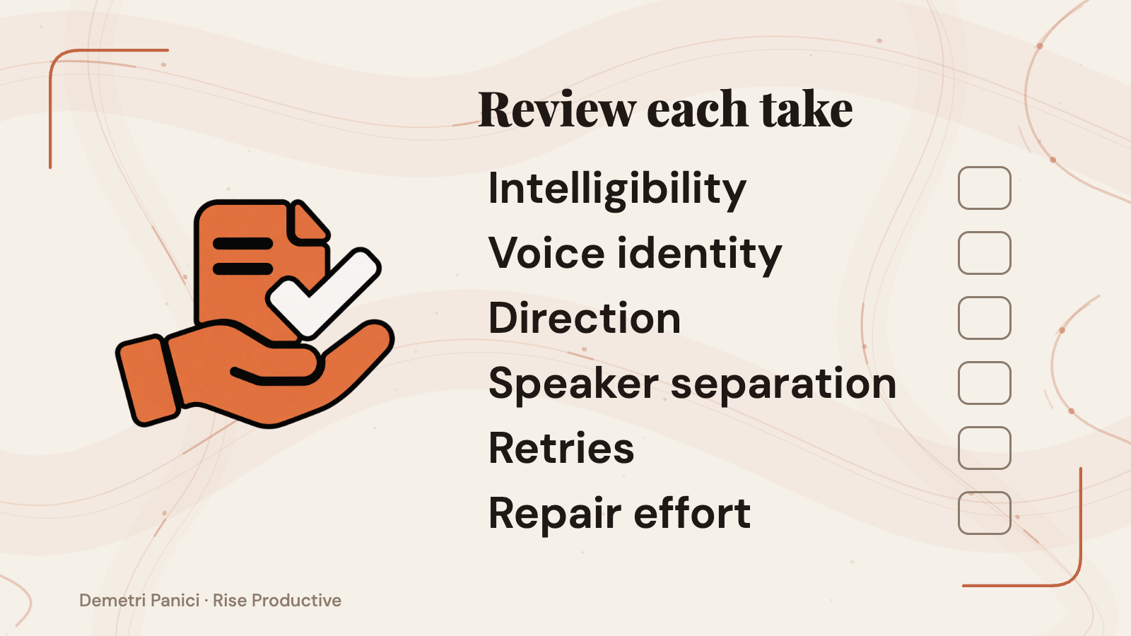 A blank review sheet lists listening criteria and repair effort for each scene.