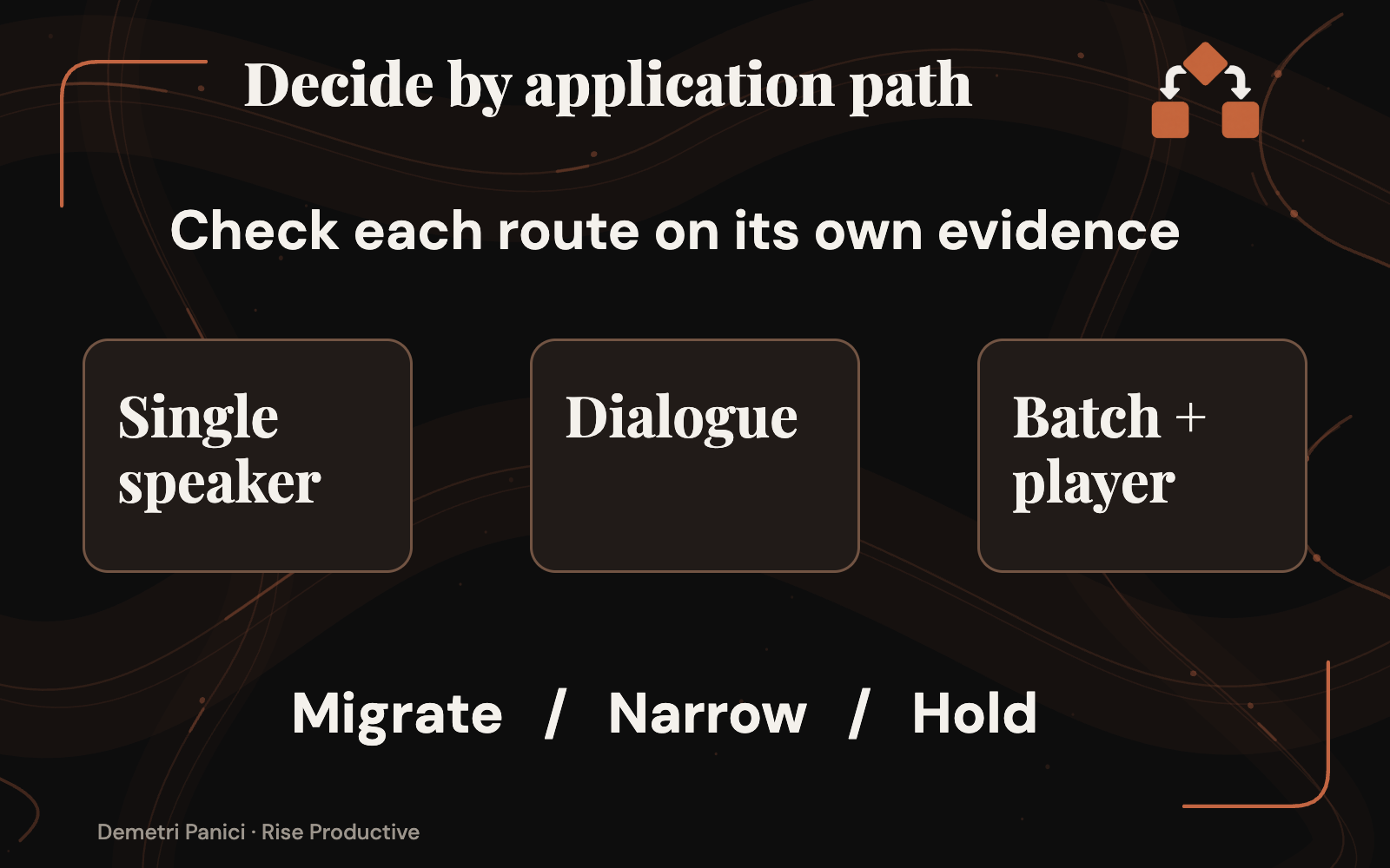 Migration paths lead to migrate, narrow or hold decisions according to observed results.