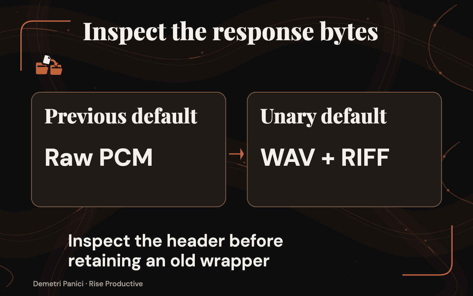 A TTS response crosses a WAV and RIFF byte boundary before downstream consumers play it.