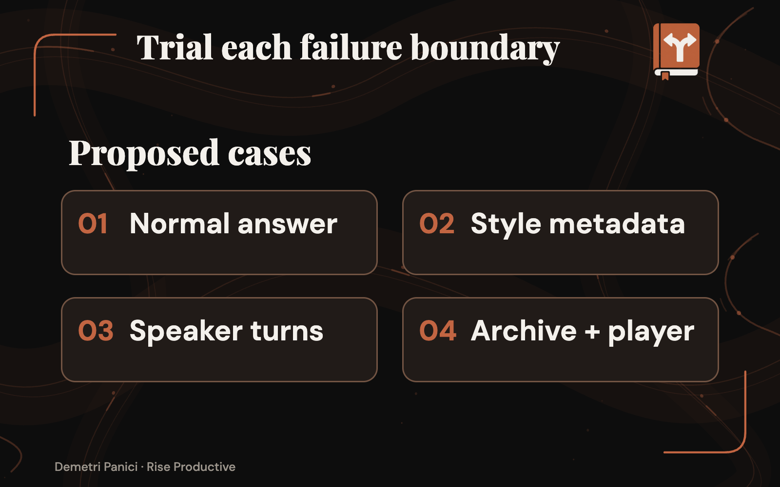 Four proposed trial cases check text, speaker turns, voice selection and playable output.