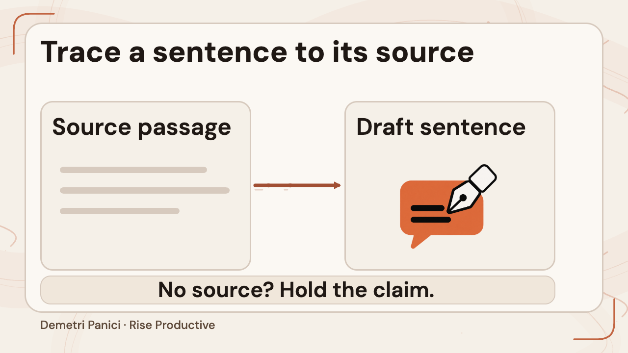 A source passage supports a draft sentence; a claim without a source is held.