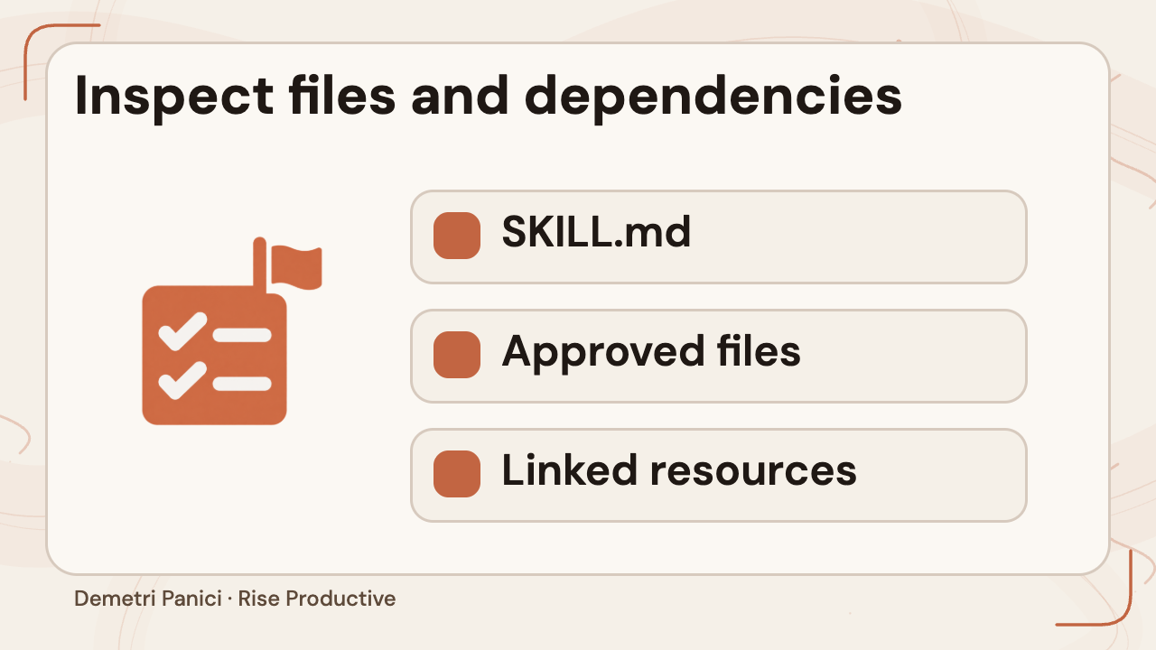 Checklist for SKILL.md, approved files, and linked resources to inspect.
