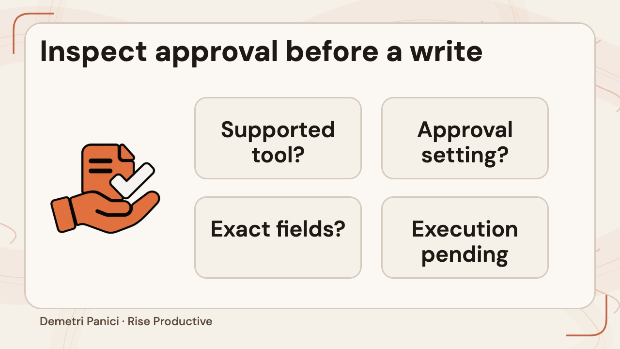 Open review of tool support, approval setting, exact fields, and pending execution before an external write.