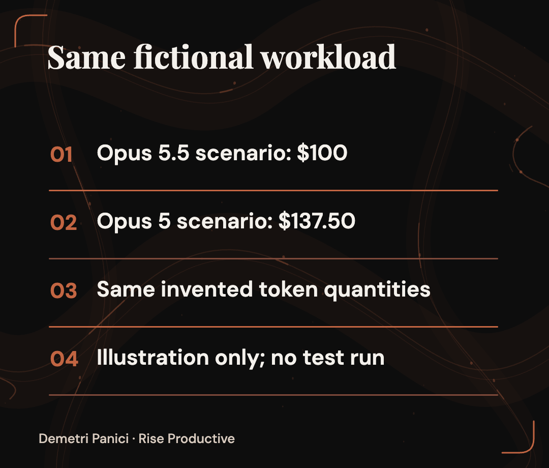 A clearly hypothetical comparison shows $100 for Opus 5.5 and $137.50 for Opus 5 under the same invented token quantities.