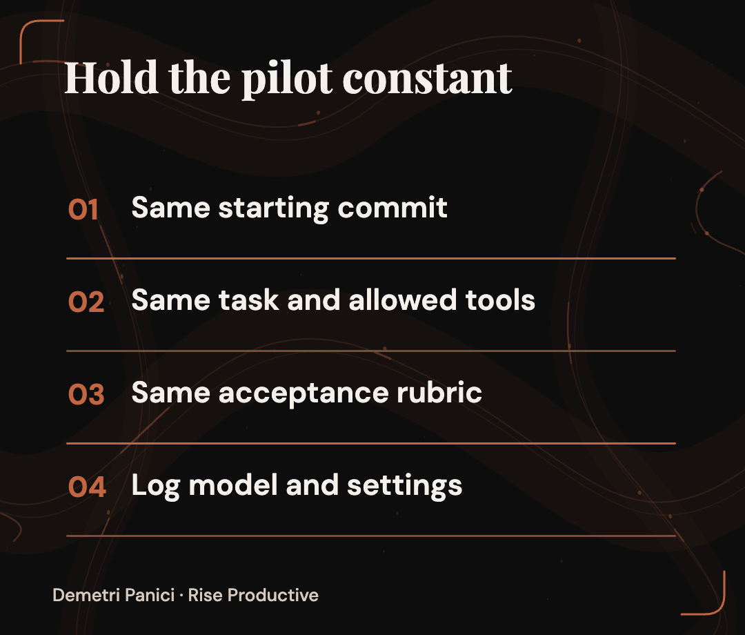 A controlled pilot holds the starting commit, assignment and rubric constant while separately logging model and settings.