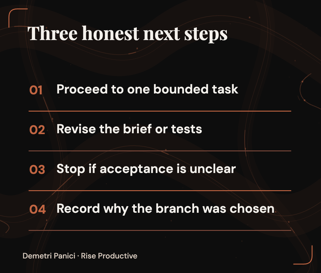 A pilot can proceed to another bounded task, revise the brief or tests, or stop when acceptance remains unclear.