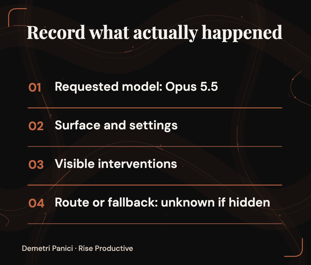 A proposed run record separates the requested Opus 5.5 model, surface settings, visible interventions and any route that remains unknown.