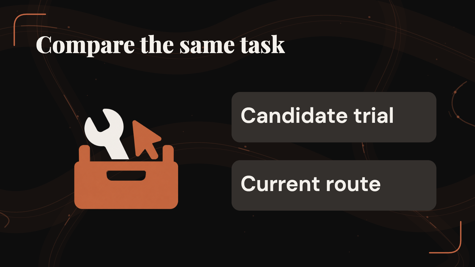 A new candidate is compared with the current route on the same task.