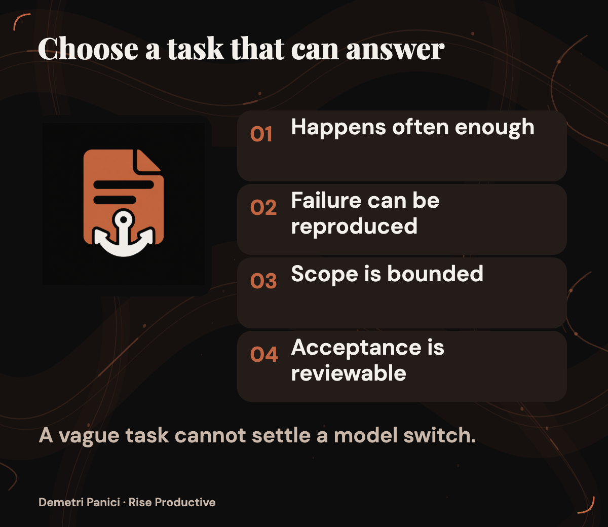 A candidate task is assessed for frequency, reproducibility, scope, and acceptance criteria.