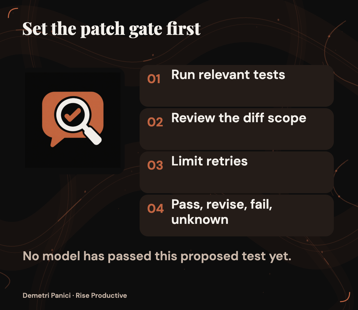 A proposed acceptance flow checks tests and patch scope, then records acceptance, retry, human correction, or rejection.