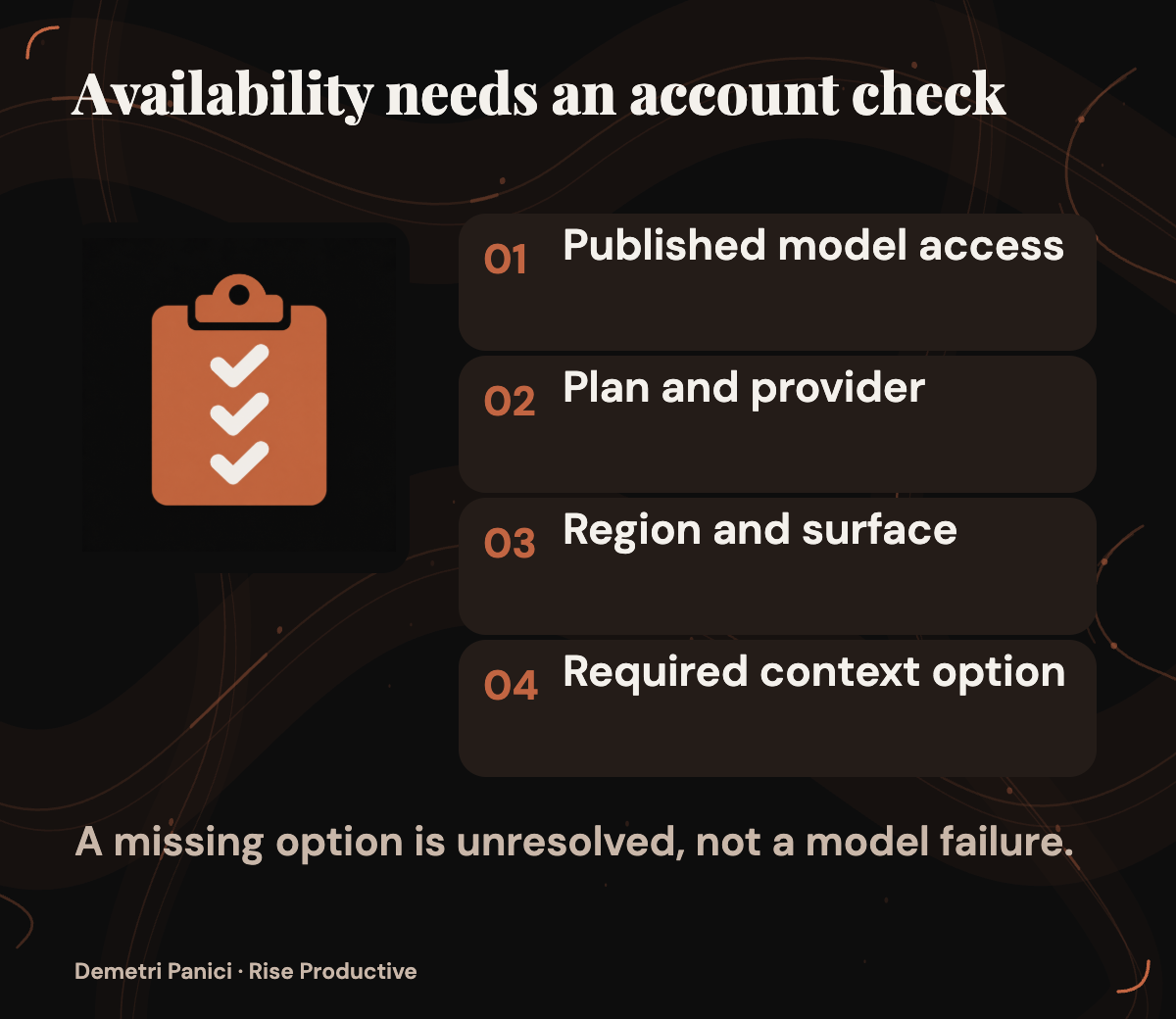 Published model availability and context statements lead to unresolved checks for a team’s account, provider, region, and settings.