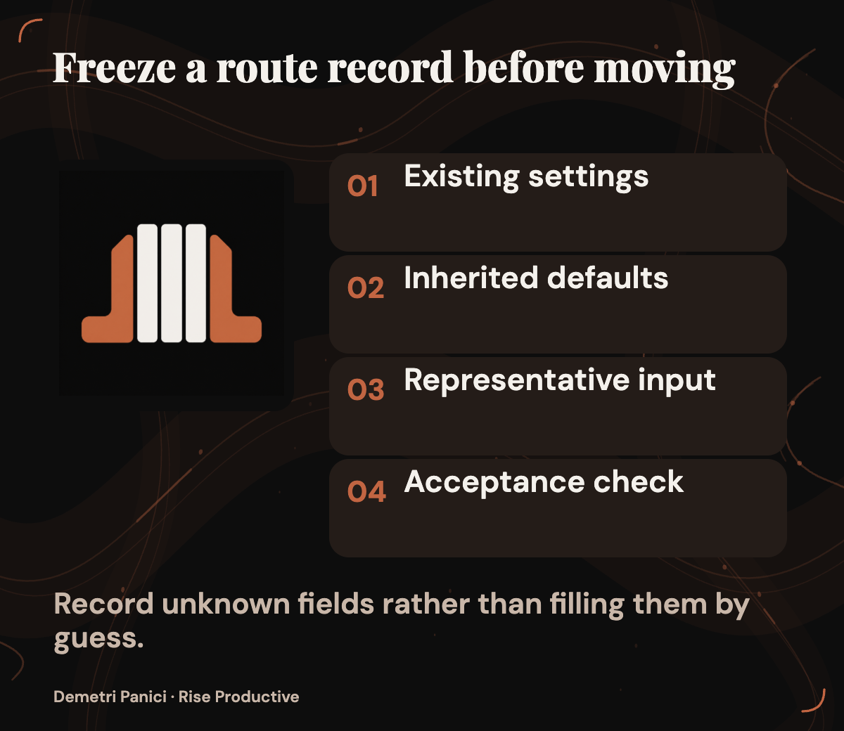 A proposed route record separates explicit settings, inherited defaults, representative input, acceptance checks, and unknown fields.