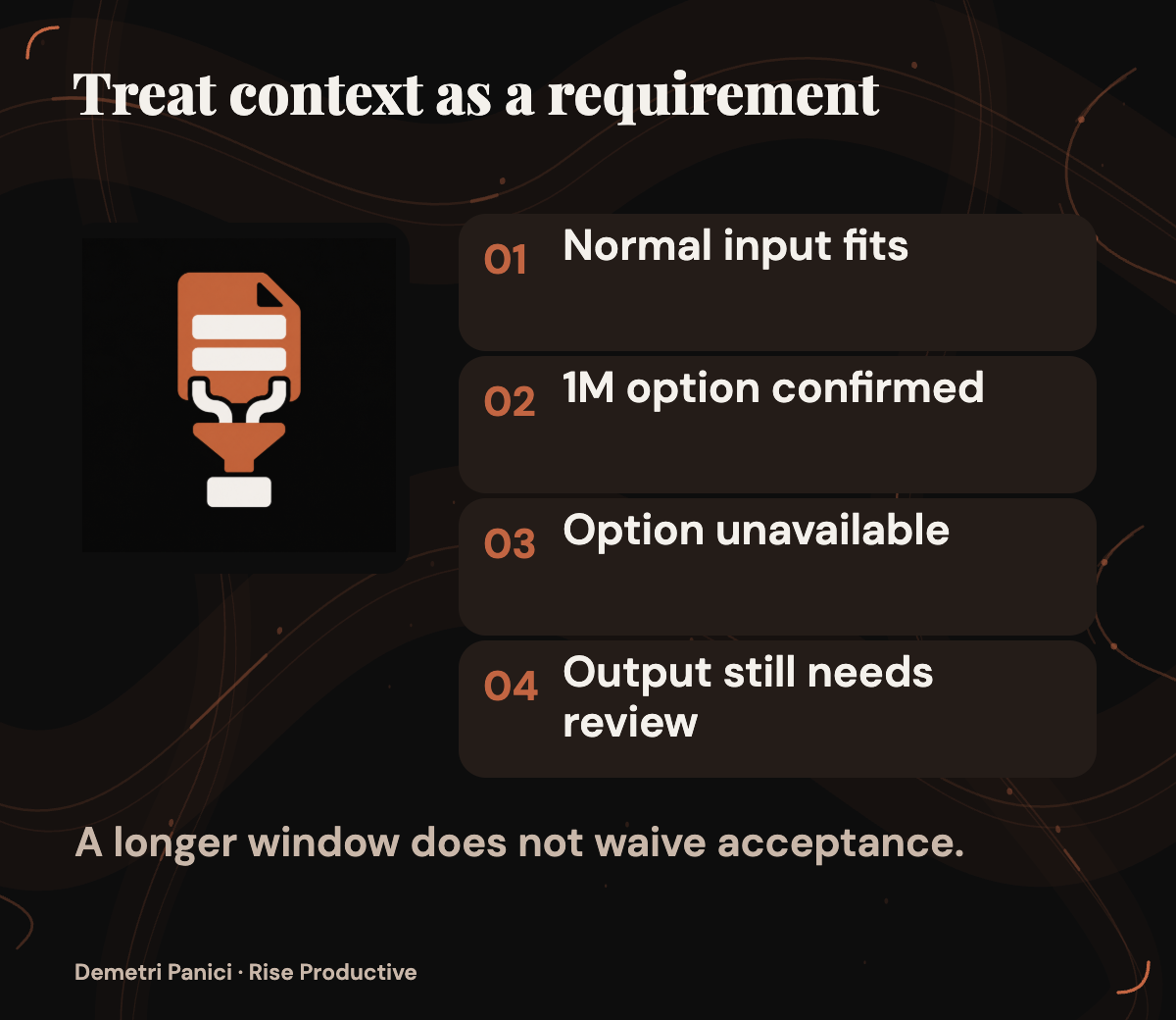 A context decision distinguishes inputs that fit, a required 1M option needing confirmation, and unavailable or unchecked access; output review remains separate.