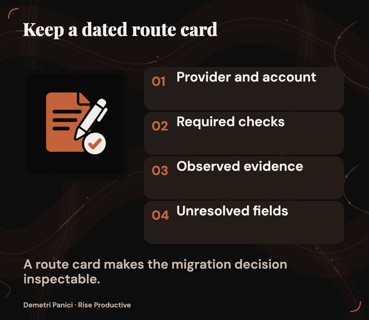A proposed route card connects one configuration to required checks, observed evidence, unresolved fields, and a dated decision.